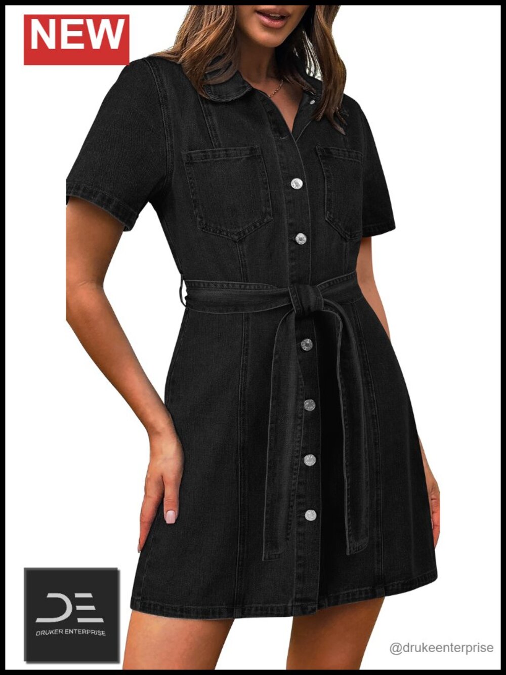 Denim Shirt Dress Button Down Drawstring Waist Short Sleeve Above Knee - Picture 5 of 5